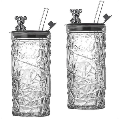 Vasos De Vidrio Vaso De Bebida Con Bombilla 400 Ml Vasos Reutilizables 400ml Vidrio Transparente Pack 2 Vasos Personalizados Vaso Con Tapa Y Bombilla Color Blanco Okshop