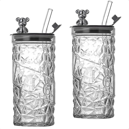 Vasos De Vidrio Vaso De Bebida Con Bombilla 400 Ml Vasos Reutilizables 400ml Vidrio Transparente Pack 2 Vasos Personalizados Vaso Con Tapa Y Bombilla Color Blanco Okshop