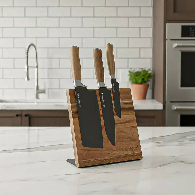 Organizador Cuchillos Magnetico Block Magnético Wayu Soporte De Madera Acacia Okshop Bloque Magnético Para Cuchillo Soporte Magnético + Cuchillos Block Magnético + 3 Cuchillos Madera Acacia Wayu