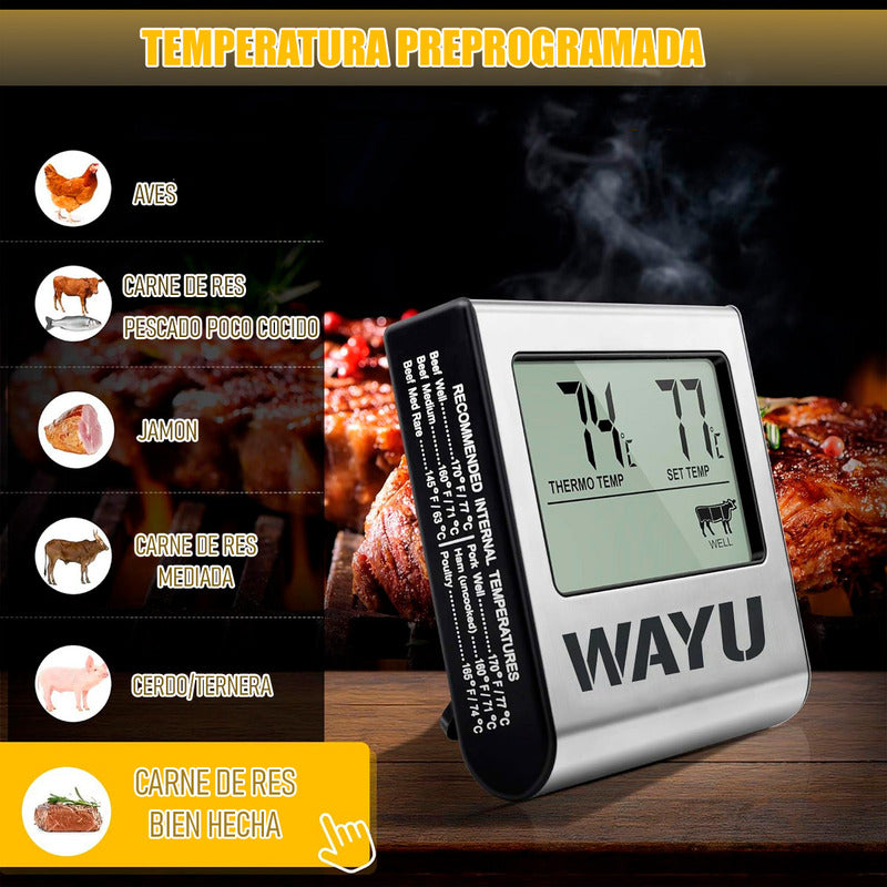 Termómetro Digital Wayu Para Carne, Horno Y Cocina De Acero Inoxidable Gris
