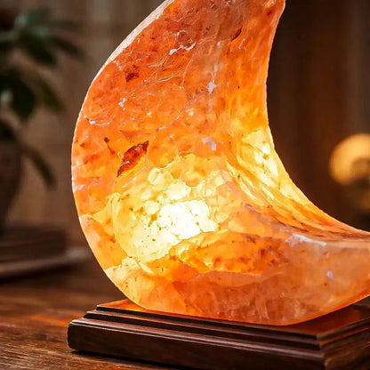 Lámpara De Sal Del Himalaya En Forma De Luna Con Base De Madera Y Luz Led Naranja