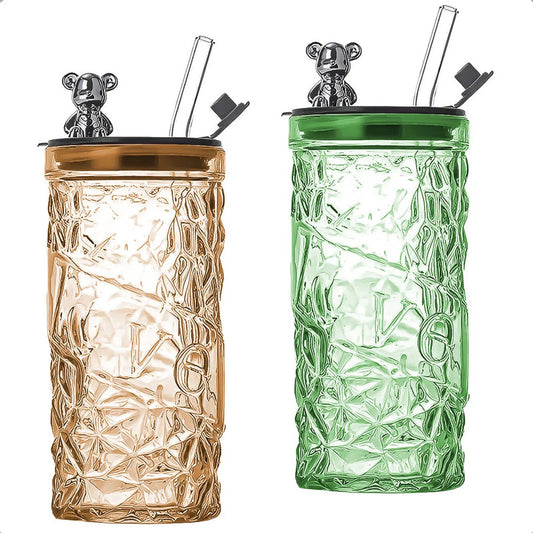 Vasos De Vidrio Vaso De Bebida Con Bombilla 400 Ml Vasos Reutilizables Vidrio Transparente Pack 2 Vasos Personalizados Vaso Con Tapa Y Bombilla Color Naranja/verde Okshop