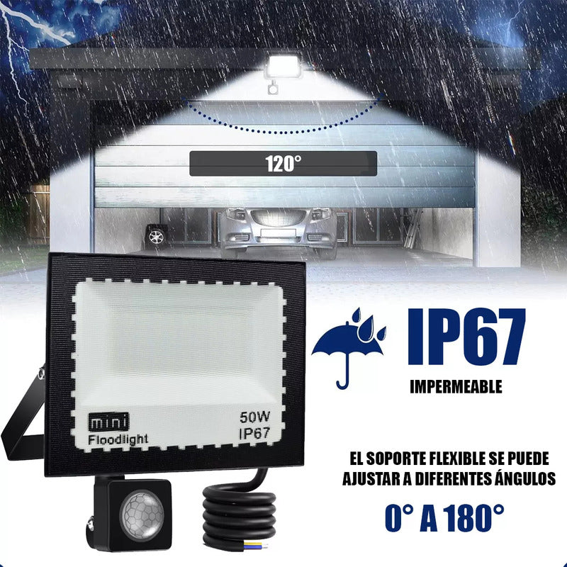 Reflector Led 50w Negro Con Sensor De Movimiento Y Ángulo Ajustable Para Exterior Ip67 Blanco Frío