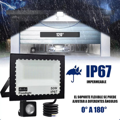 Reflector Led 50w Negro Con Sensor De Movimiento Y Ángulo Ajustable Para Exterior Ip67 Blanco Frío