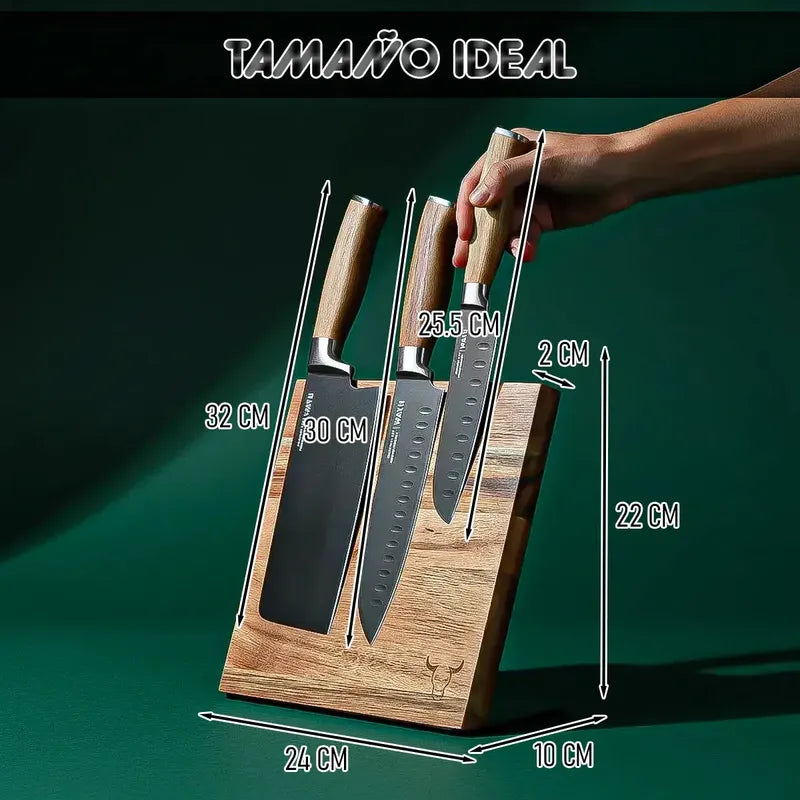 Organizador Cuchillos Magnetico Block Magnético Wayu Soporte De Madera Acacia Okshop Bloque Magnético Para Cuchillo Soporte Magnético + Cuchillos Block Magnético + 3 Cuchillos Madera Acacia Wayu