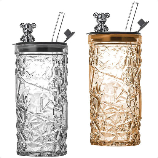 Vasos De Vidrio Vaso De Bebida Con Bombilla 400 Ml Vasos Reutilizables 400ml Vidrio Transparente Pack 2 Vasos Personalizados Vaso Con Tapa Y Bombilla Color Blanco/naranja Okshop