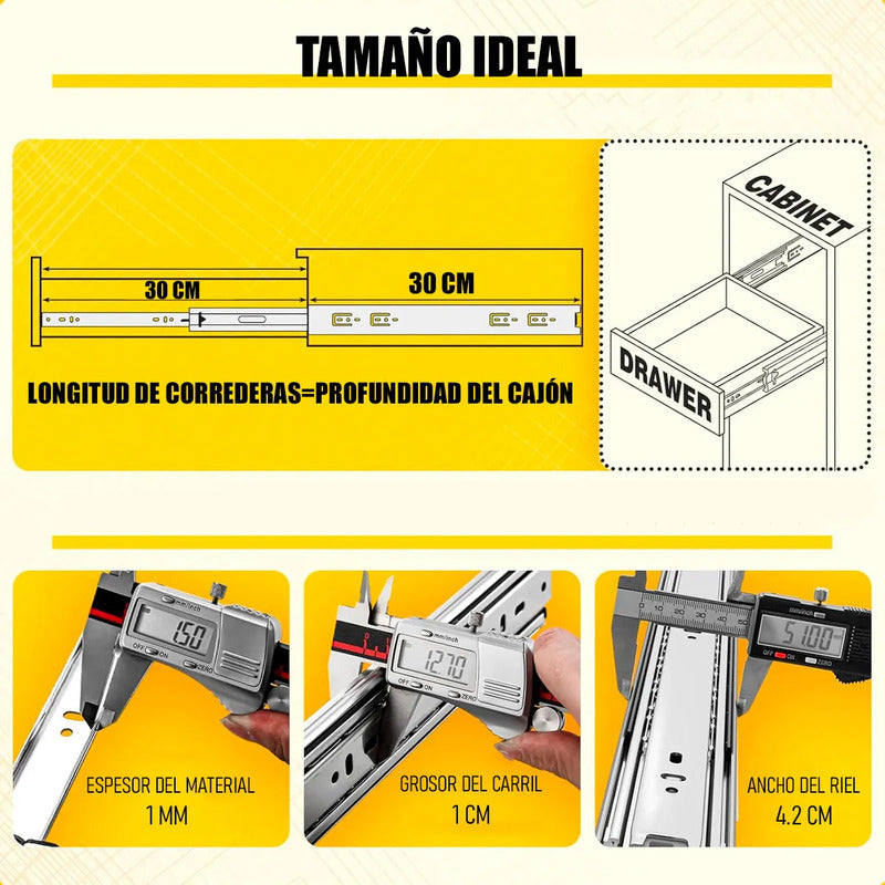 Pack De 2 Correderas Telescópicas De Acero Para Cajones De 30 Cm Con Tornillos Gris