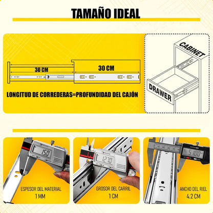 Pack De 2 Correderas Telescópicas De Acero Para Cajones De 30 Cm Con Tornillos Gris