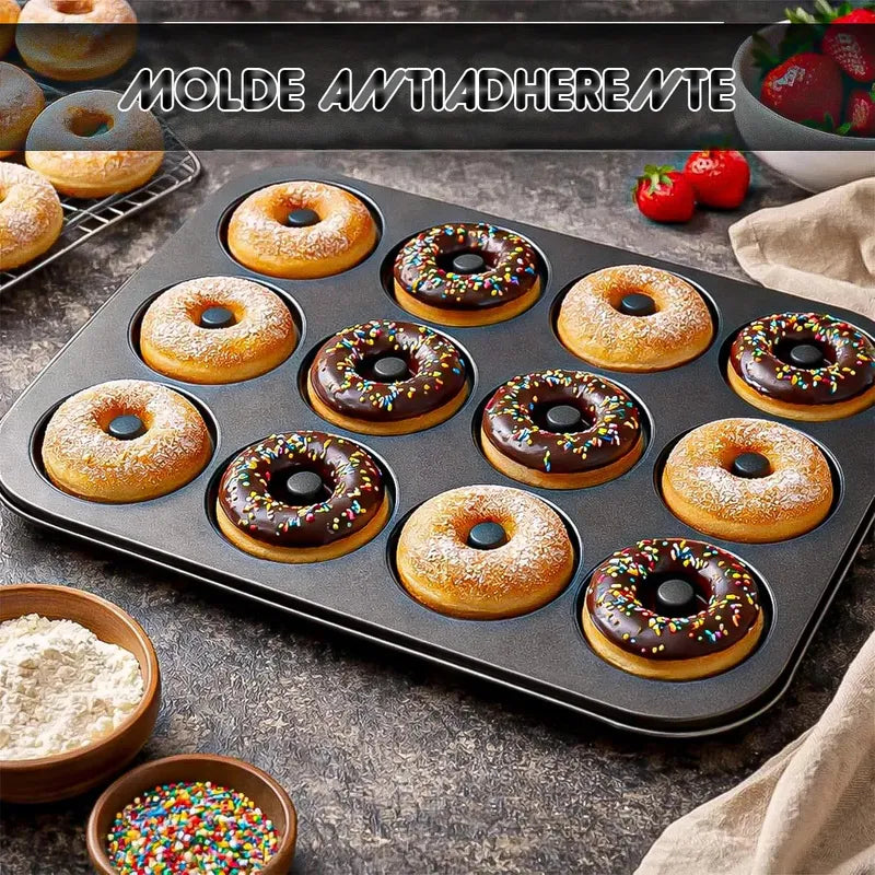 Molde Para Donas De Metal Antiadherente, Con 12 Cavidades, De Okshop Gris