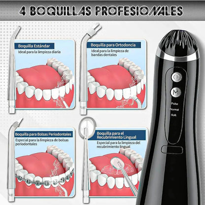 Irrigador Bucal Portátil Inalámbrico Okshop Con Depósito De 200 Ml Y 4 Boquillas Negro