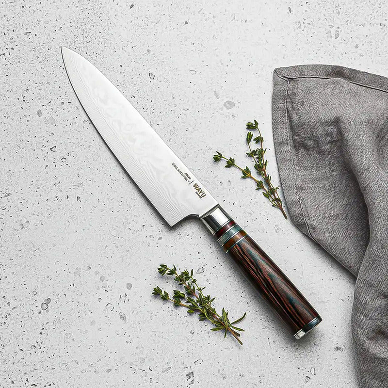 Cuchillo De Chef Wayu Damascus Brown Con Hoja De Acero Damasco Y Mango De Madera Pakka
