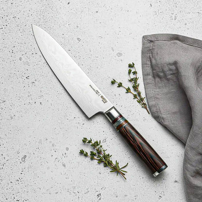 Cuchillo De Chef Wayu Damascus Brown Con Hoja De Acero Damasco Y Mango De Madera Pakka