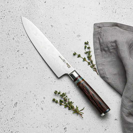 Cuchillo De Chef Wayu Damascus Brown Con Hoja De Acero Damasco Y Mango De Madera Pakka
