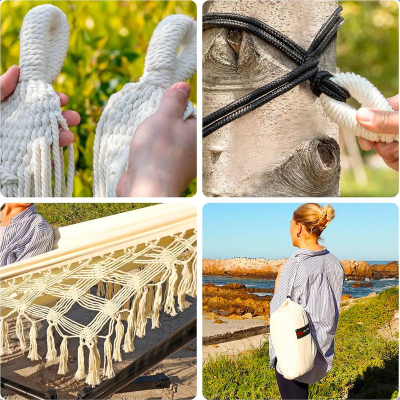 Hamaca Colgante Okshop Algodón Diseño Borlas 2.5m X 80cm Beige