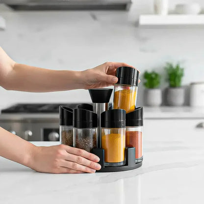 Especiero Giratorio Okshop Con 6 Frascos De Vidrio Para Cocina Negro