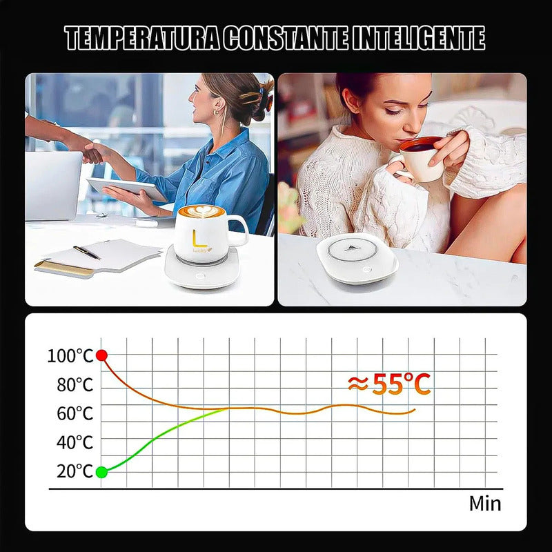 Pack 2 Tazas Con Calentador Para Café Y Té  Cerámica Rosa 420 Ml Okshop Liso