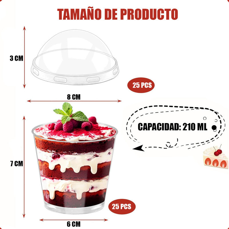 Pack X25 Vasos Acrilico Para Postres Con Tapa Pocillos 210ml