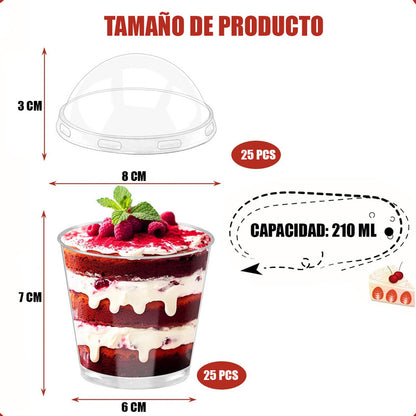 Pack X25 Vasos Acrilico Para Postres Con Tapa Pocillos 210ml