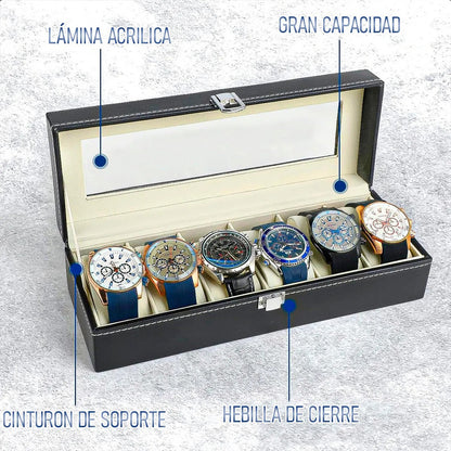 Organizador Reloj Okshop 6 Compartimientos Negro Cuero Sintético