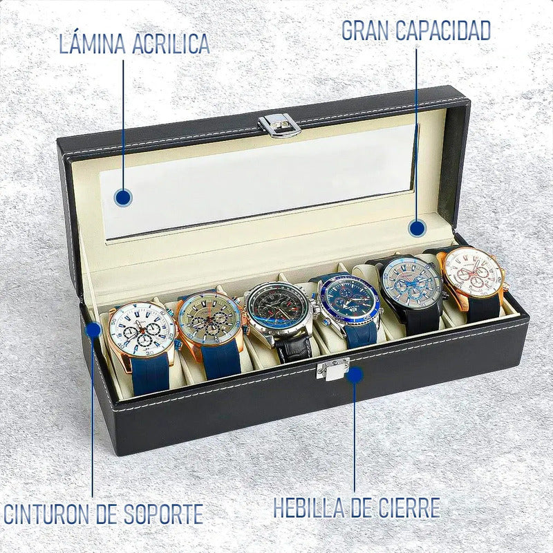 Organizador Reloj Okshop 6 Compartimientos Negro Cuero Sintético