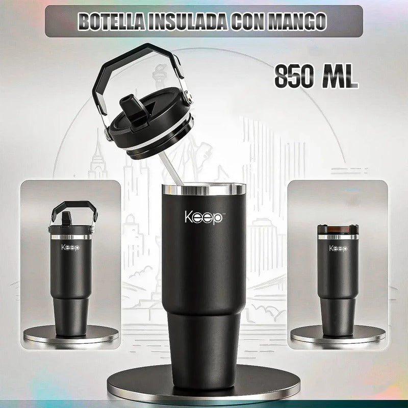 Botella Térmica Keep De Acero Inoxidable Con Manija, 850 Ml Verde