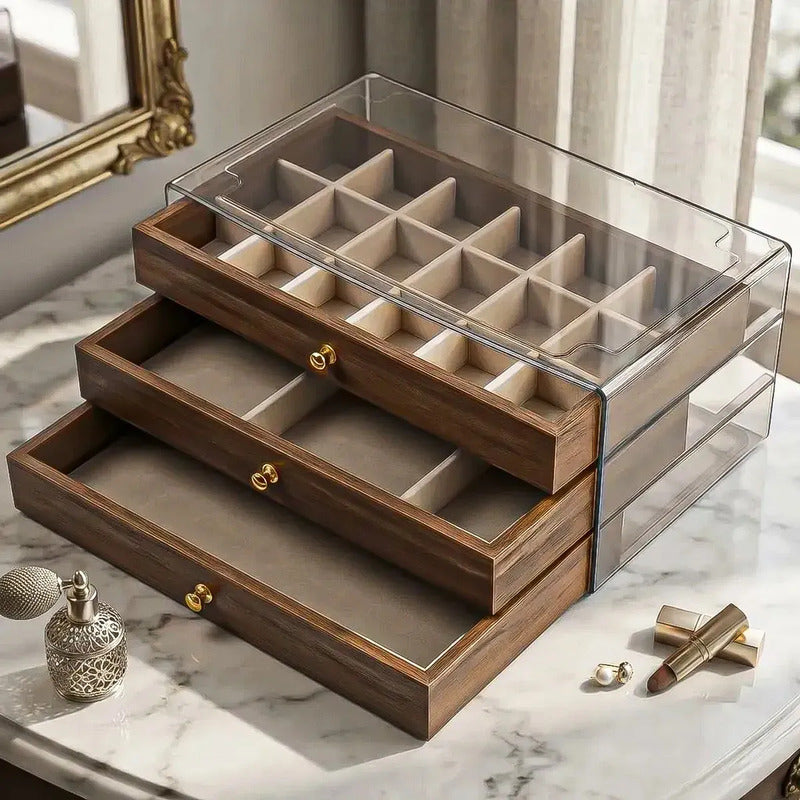 Joyero De Madera Con 3 Cajones Y Tapa Acrílica Para Collares Y Anillos Modelo 2