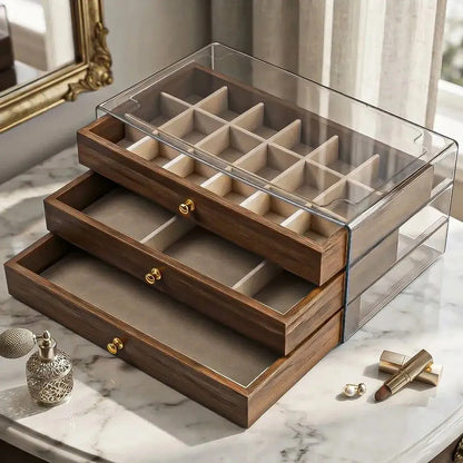 Joyero De Madera Con 3 Cajones Y Tapa Acrílica Para Collares Y Anillos Modelo 2
