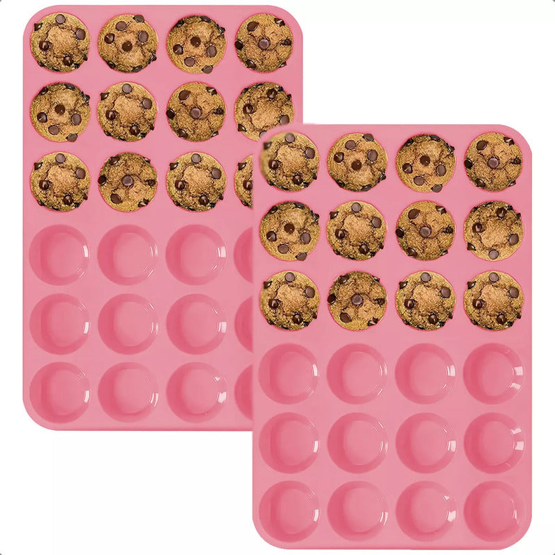 Pack 2 Moldes De Silicona Para Cupcakes De 24 Ranuras Antiaherentes Rosa Pastel