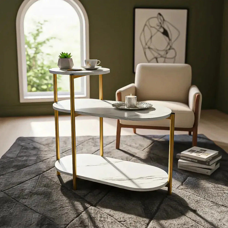 Mesa Auxiliar Ovalada De 3 Niveles Blanca Para Living Y Exterior Blanco