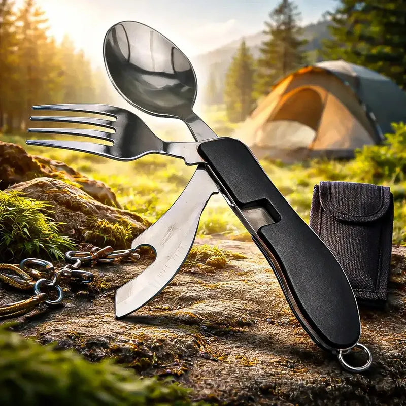 Set Cubiertos Camping 5 En 1 Cubierto Camping Multiuso Plega Negro