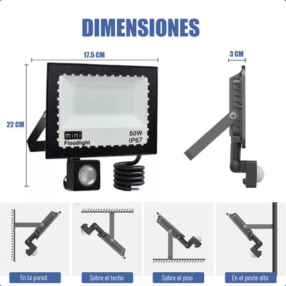Reflector Led 50w Negro Con Sensor De Movimiento Y Ángulo Ajustable Para Exterior Ip67 Blanco Frío