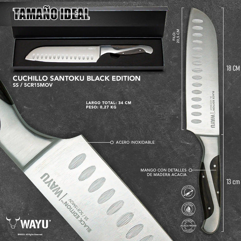 Cuchillo Santoku Black Arcashopping De Acero Inoxidable Y Mango De Acacia