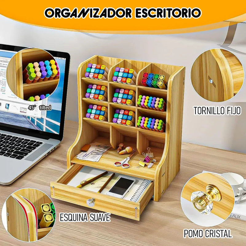 Organizador De Escritorio Okshop De Madera Con 1 Cajón Y 12 Compartimentos