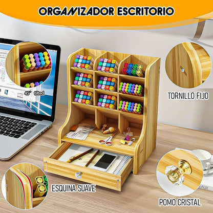 Organizador De Escritorio Okshop De Madera Con 1 Cajón Y 12 Compartimentos