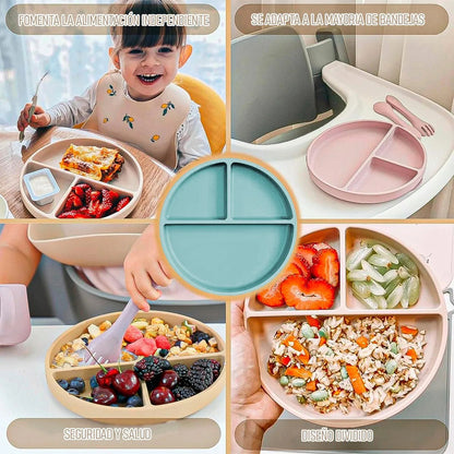 Plato De Silicona Para Bebé Con 3 Compartimentos Y Ventosa Antideslizante Turquesa Okshop