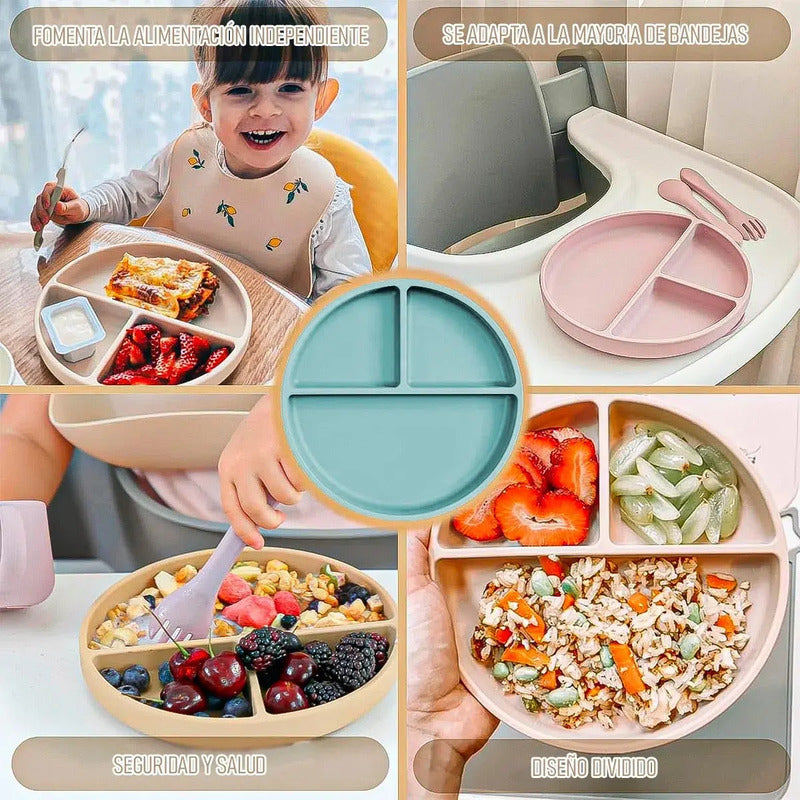 Plato De Silicona Para Bebé Con 3 Compartimentos Y Ventosa Antideslizante Turquesa Okshop