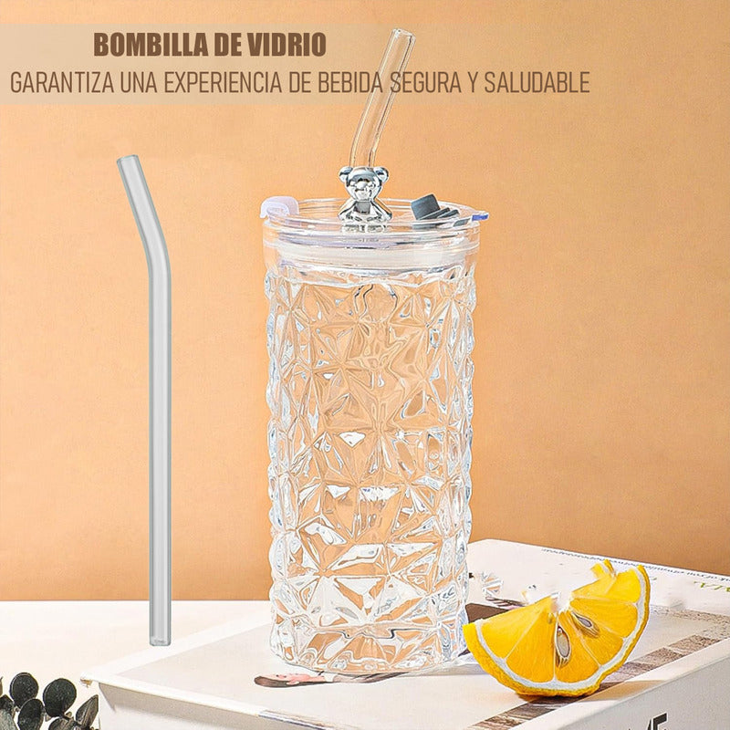 Pack X2 Vasos De Vidrio Vaso De Bebida Con Bombilla 400 Ml