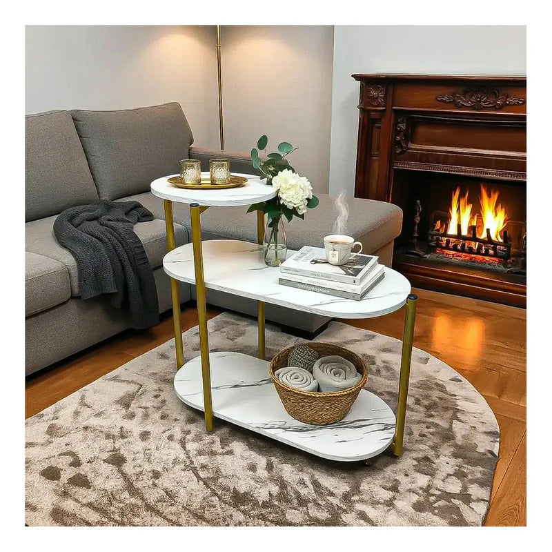 Mesa Auxiliar Ovalada De 3 Niveles Blanca Para Living Y Exterior Blanco