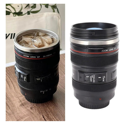 Taza Térmica Lente Cámara De Acero Inoxidable Con Tapa 350ml Negro