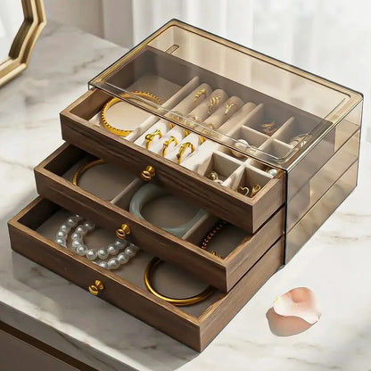 Joyero De Madera Con 3 Cajones Y Tapa Acrílica Para Collares Y Anillos Modelo 2