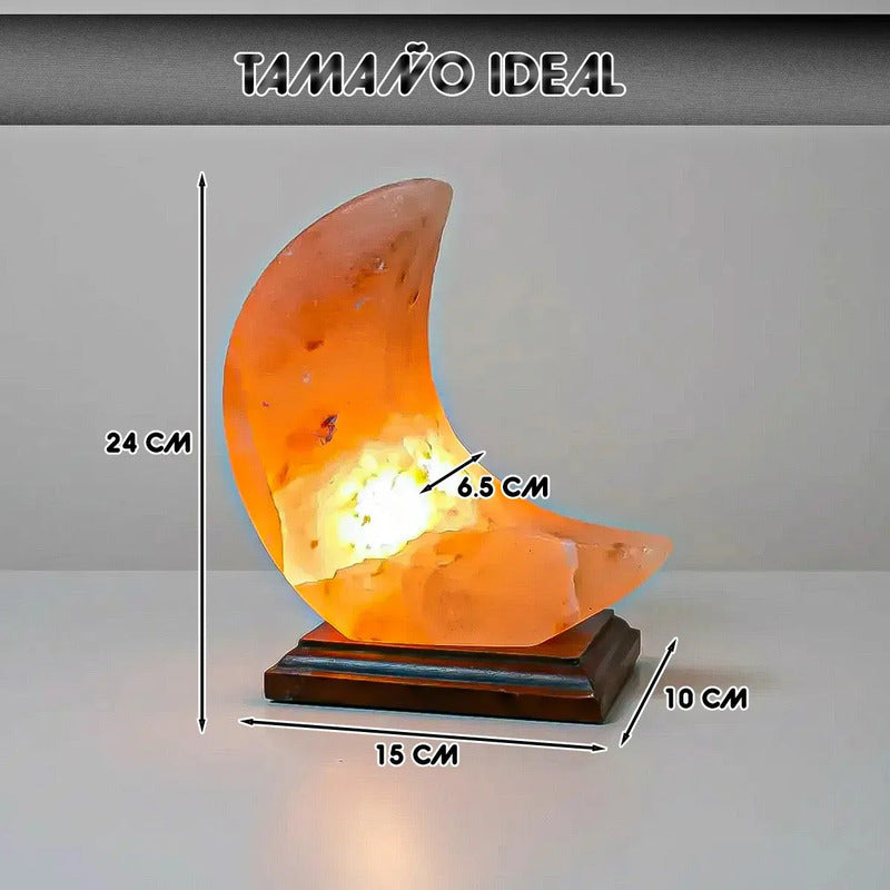 Lámpara De Sal Del Himalaya En Forma De Luna Con Base De Madera Y Luz Led Naranja