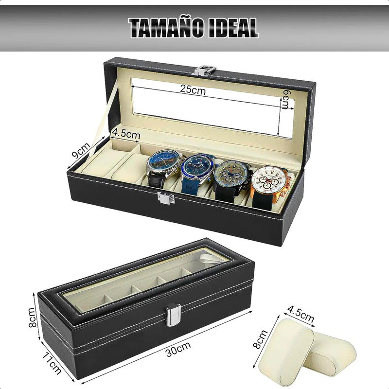 Organizador Reloj Okshop 6 Compartimientos Negro Cuero Sintético