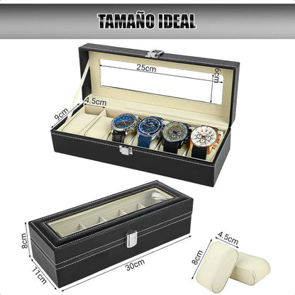 Organizador Reloj Okshop 6 Compartimientos Negro Cuero Sintético
