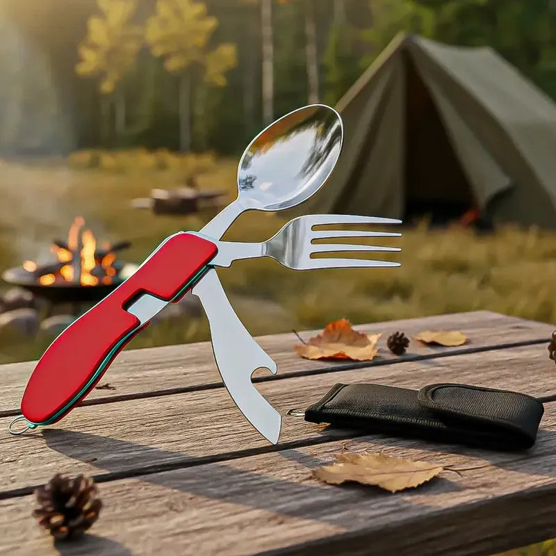Set Cubiertos Camping 5 En 1 Cubierto Camping Multiuso Plega Rojo
