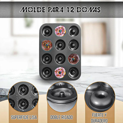 Molde Para Donas De Metal Antiadherente, Con 12 Cavidades, De Okshop Gris
