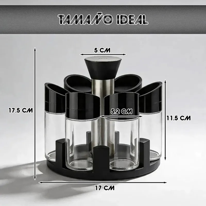 Especiero Giratorio Okshop Con 6 Frascos De Vidrio Para Cocina Negro