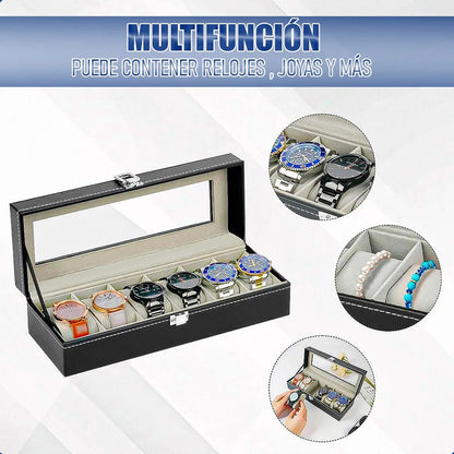 Organizador Reloj Okshop 6 Compartimientos Negro Cuero Sintético