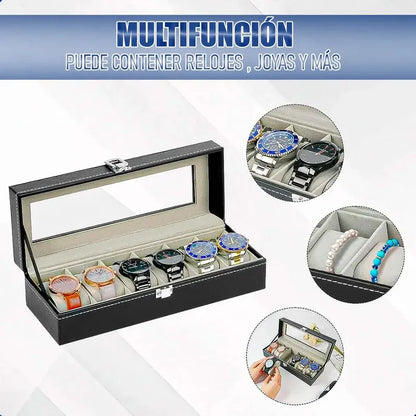 Organizador Reloj Okshop 6 Compartimientos Negro Cuero Sintético