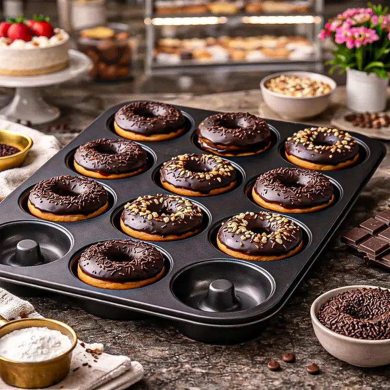 Molde Para Donas De Metal Antiadherente, Con 12 Cavidades, De Okshop Gris