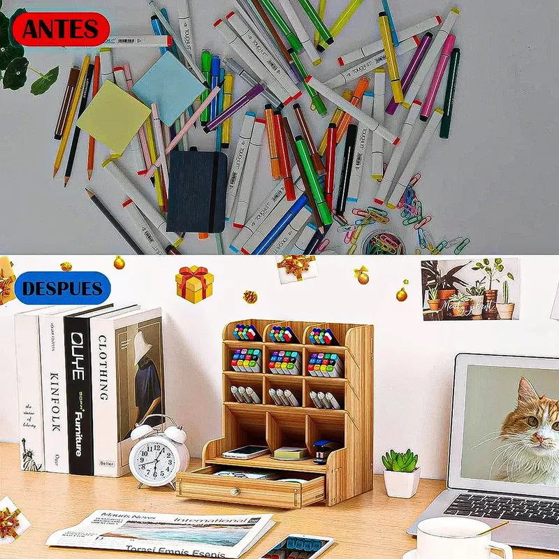 Organizador De Escritorio Okshop De Madera Con 1 Cajón Y 12 Compartimentos